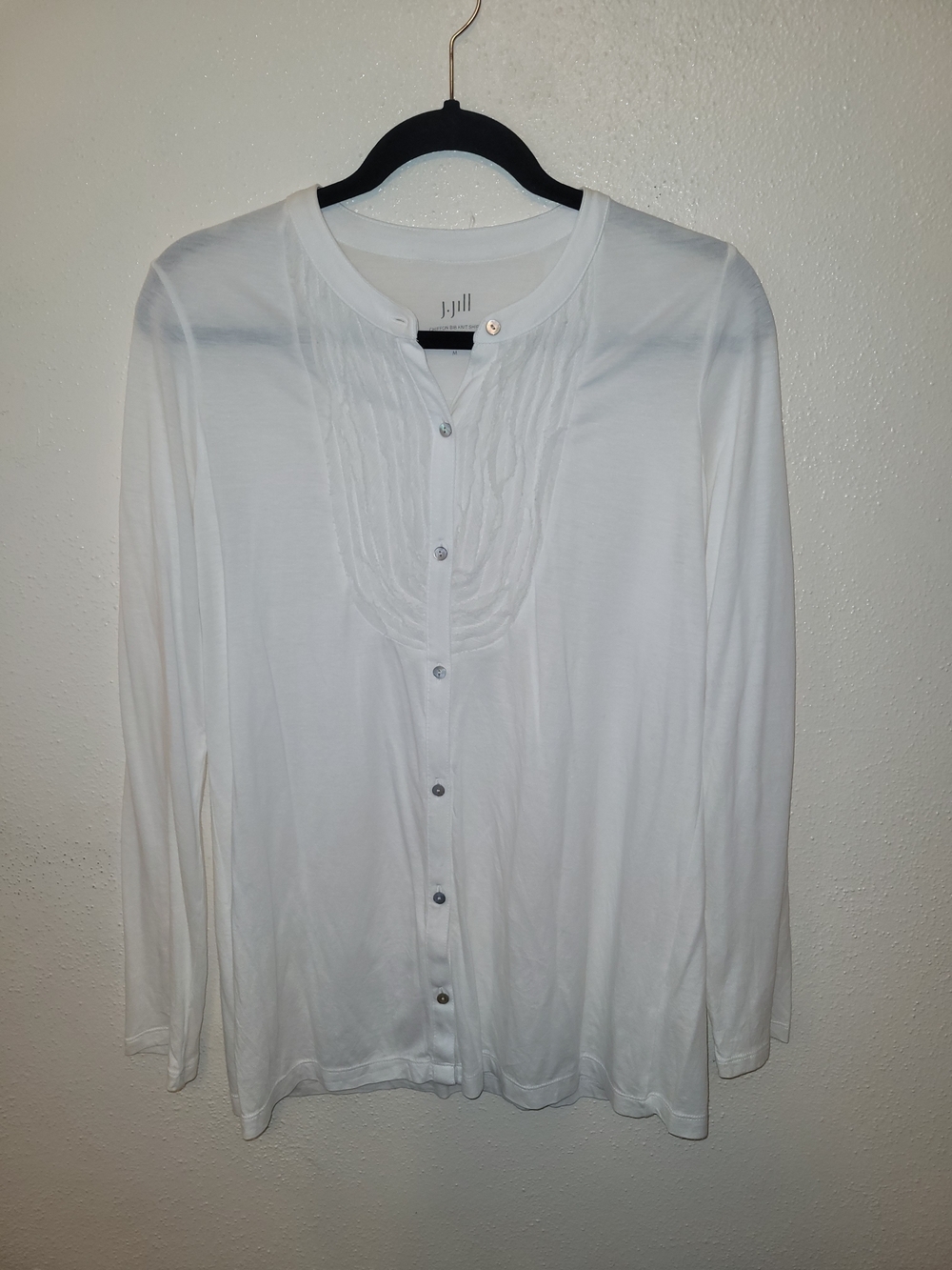 J.Jill Chiffon Bib Knit Shirt White Silk Trim Button Front Top Medium